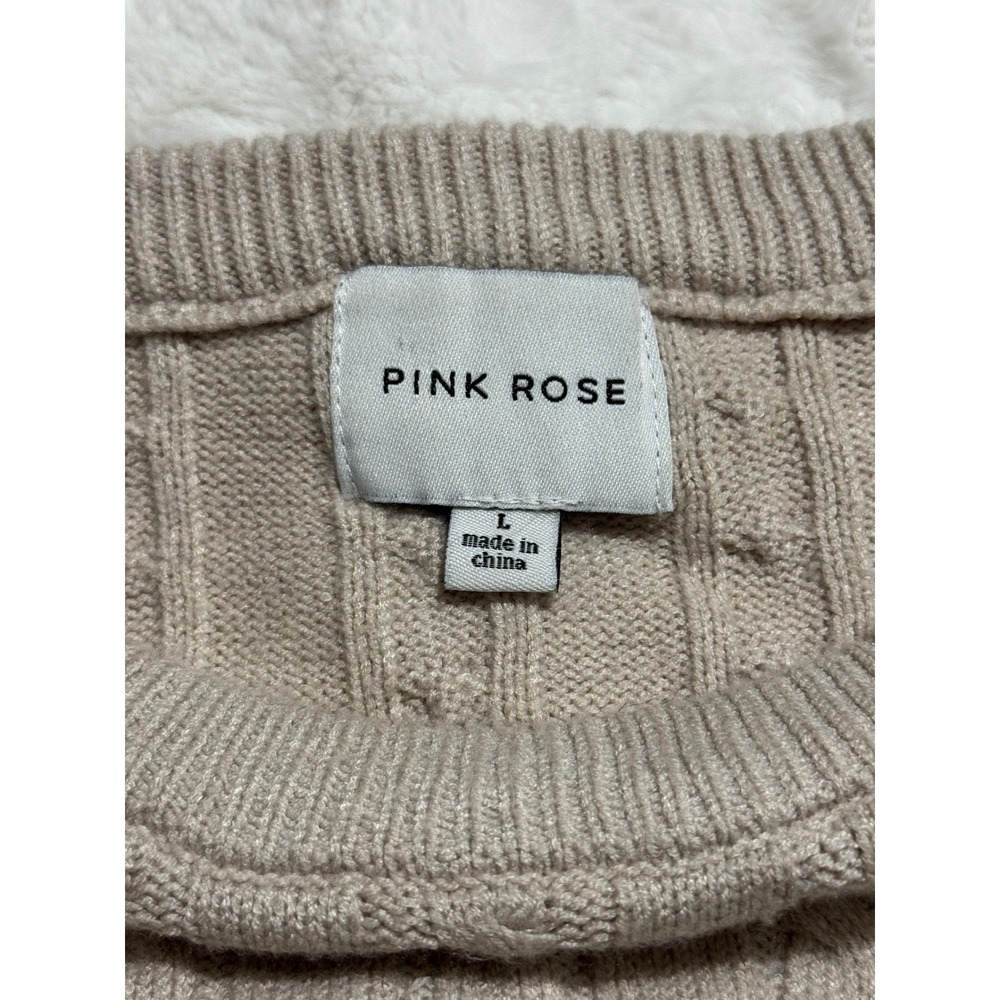 Pink Rose Cable Knit Striped‎ Cropped Sweater Beige Brown Long Sleeve Size L - Picture 8 of 8
